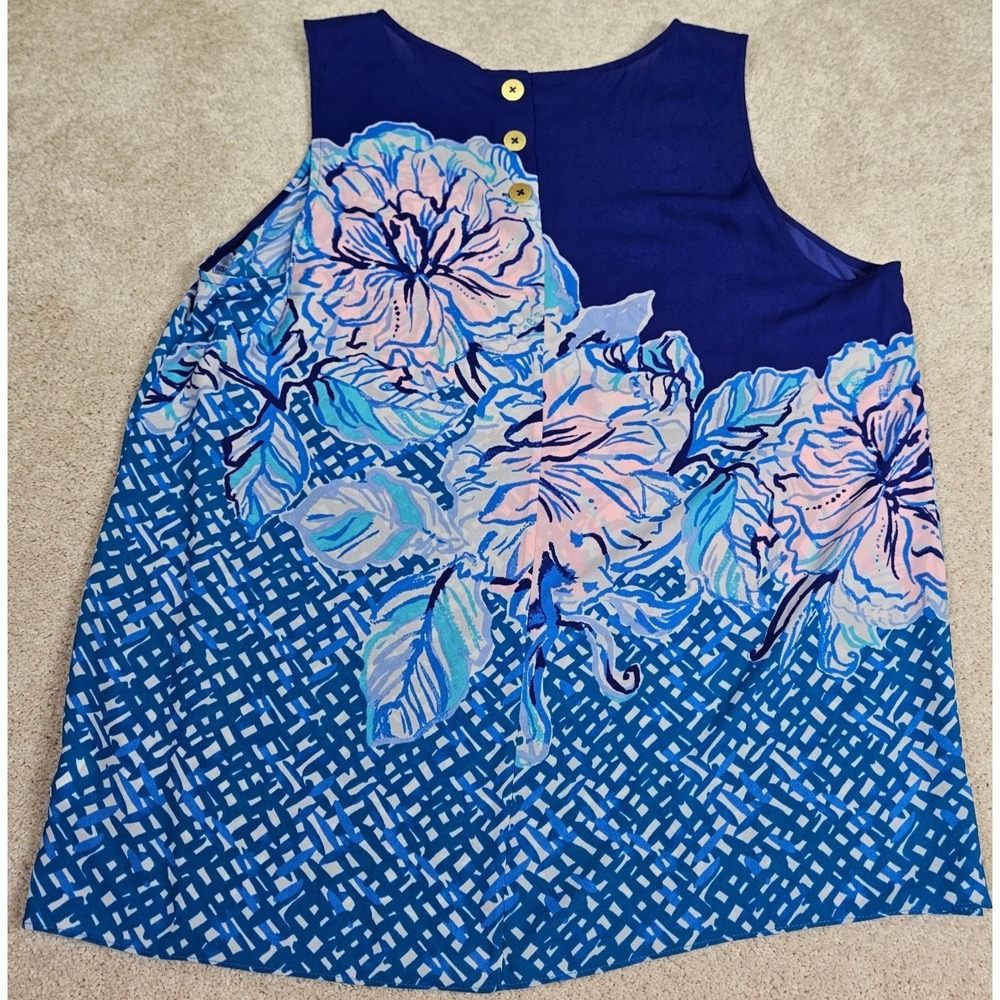 Lilly Pulitzer Iona Tank Top Women XL Vibrant Blue Floral Geometric Contemporary - Picture 2 of 6